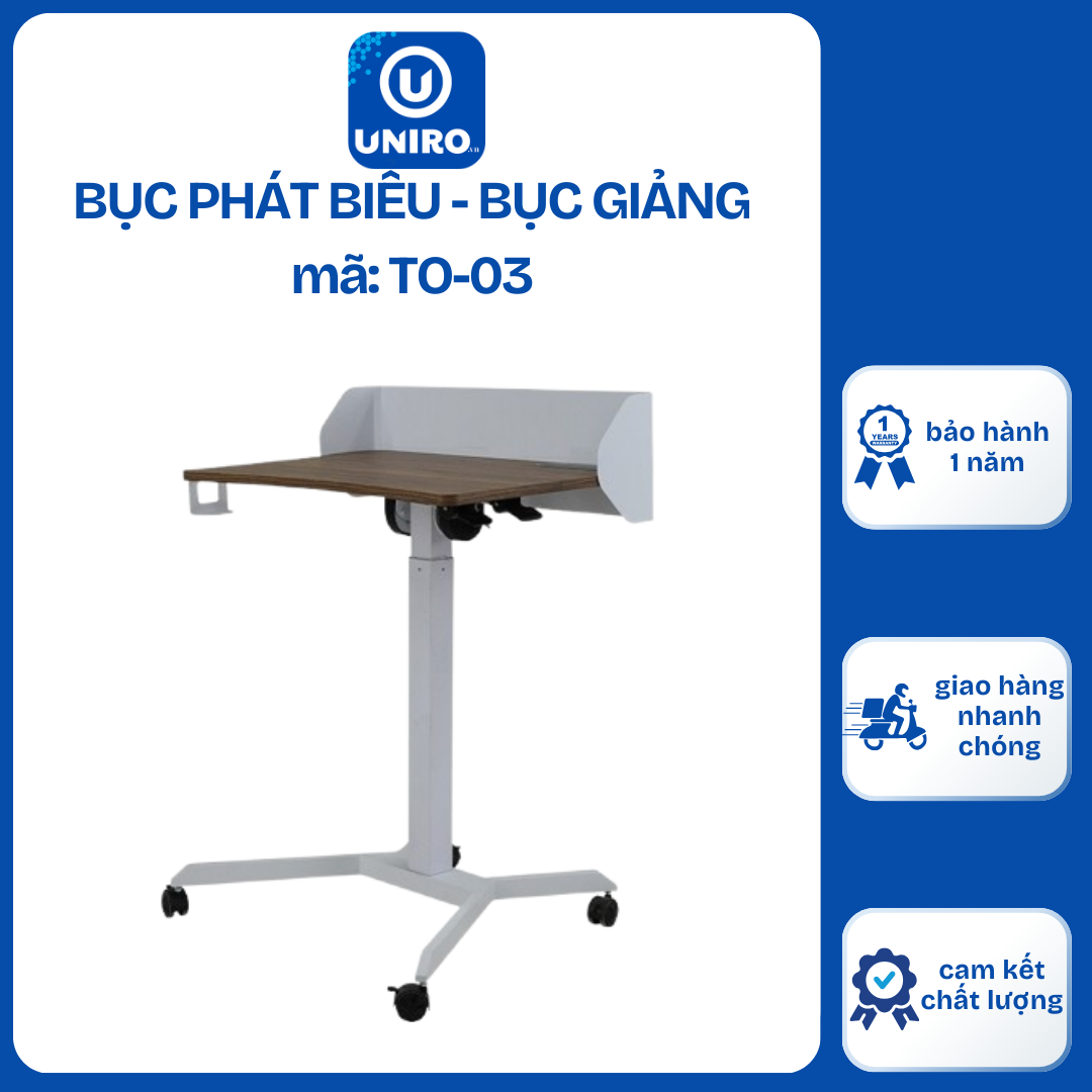 Bục phát biểu di động thông minh. Nâng hạ chiều cao thông minh, mặt bàn có góc nghiêng. Bánh xe có khóa cố định