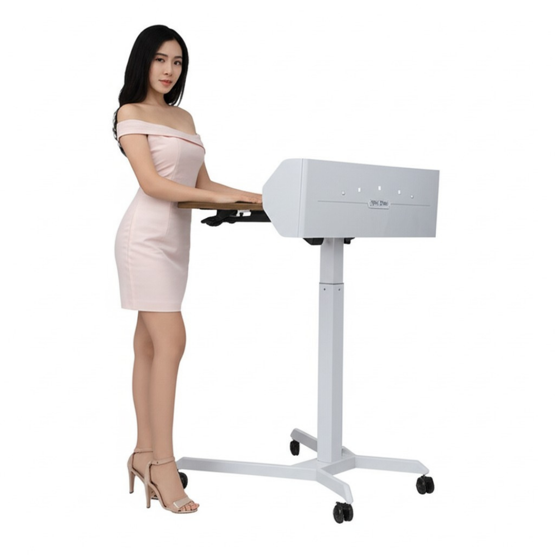 Bục phát biểu di động thông minh. Nâng hạ chiều cao thông minh, mặt bàn có góc nghiêng. Bánh xe có khóa cố định