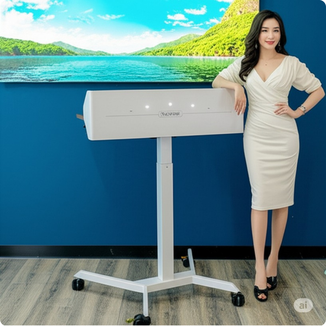 Bục phát biểu di động thông minh. Nâng hạ chiều cao thông minh, mặt bàn có góc nghiêng. Bánh xe có khóa cố định