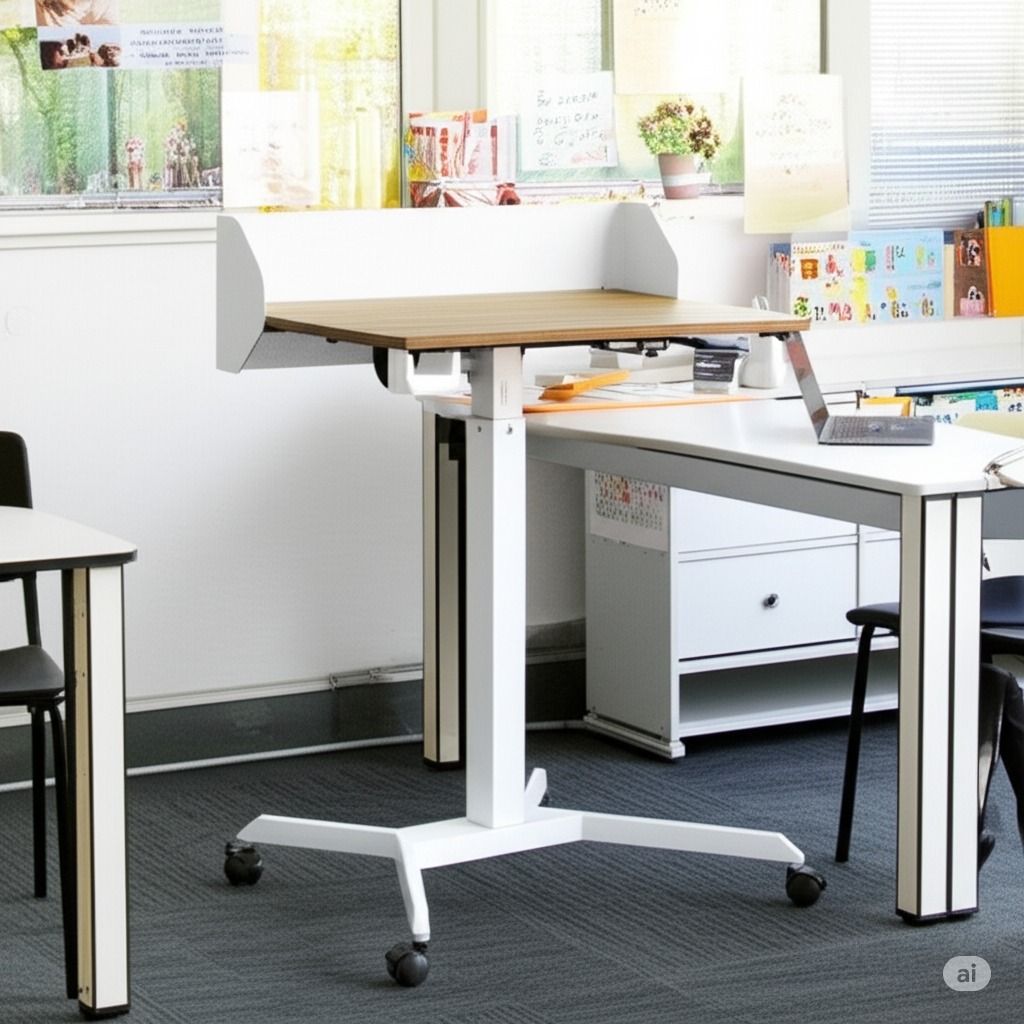 Bục phát biểu di động thông minh. Nâng hạ chiều cao thông minh, mặt bàn có góc nghiêng. Bánh xe có khóa cố định