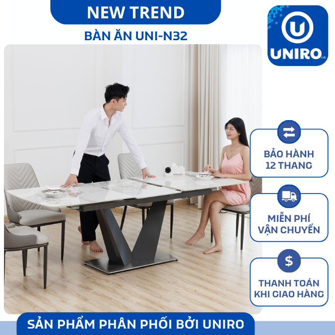 UNI-N32 Bộ Bàn Ăn Thông Minh chân V Mặt Đá Ceramic Nhập Khẩu Cao Cấp - Lắp đặt tận nhà - NEW TREND