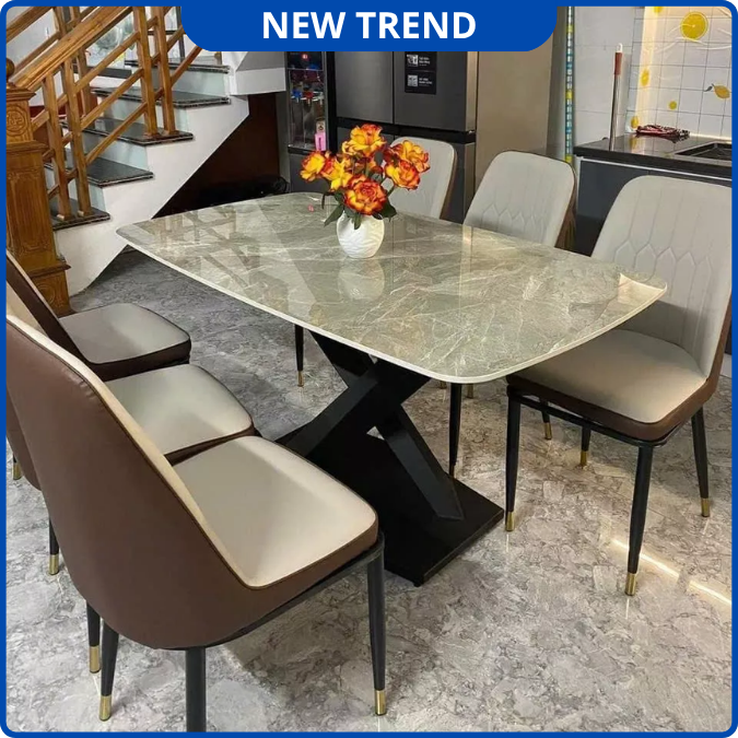 UNI-N33 Bộ Bàn Ăn chân chéo kết hợp ghế Nhập Khẩu Cao Cấp - Lắp đặt tận nhà - NEW TREND