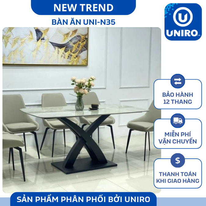 UNI-N35 Bộ Bàn Ăn chân chữ X kép kết hợp ghế Nhập Khẩu Cao Cấp - Lắp đặt tận nhà - NEW TREND