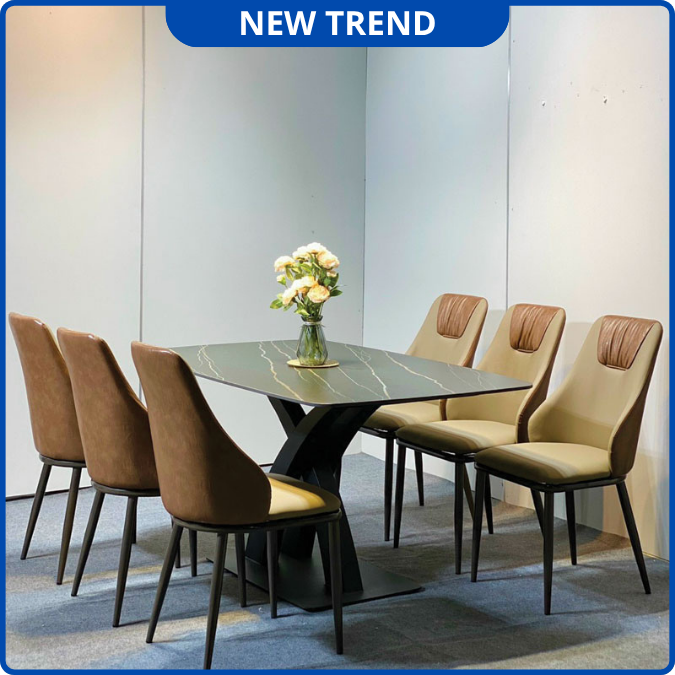 UNI-N35 Bộ Bàn Ăn chân chữ X kép kết hợp ghế Nhập Khẩu Cao Cấp - Lắp đặt tận nhà - NEW TREND