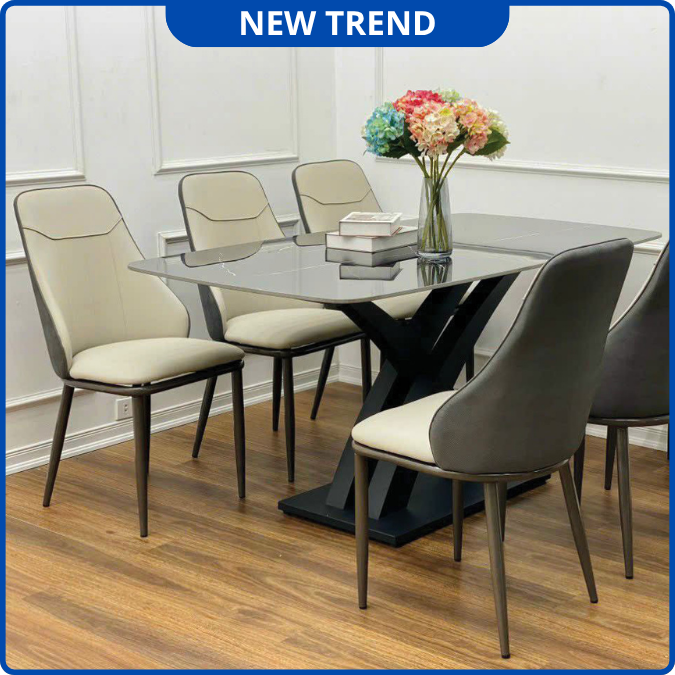 UNI-N35 Bộ Bàn Ăn chân chữ X kép kết hợp ghế Nhập Khẩu Cao Cấp - Lắp đặt tận nhà - NEW TREND