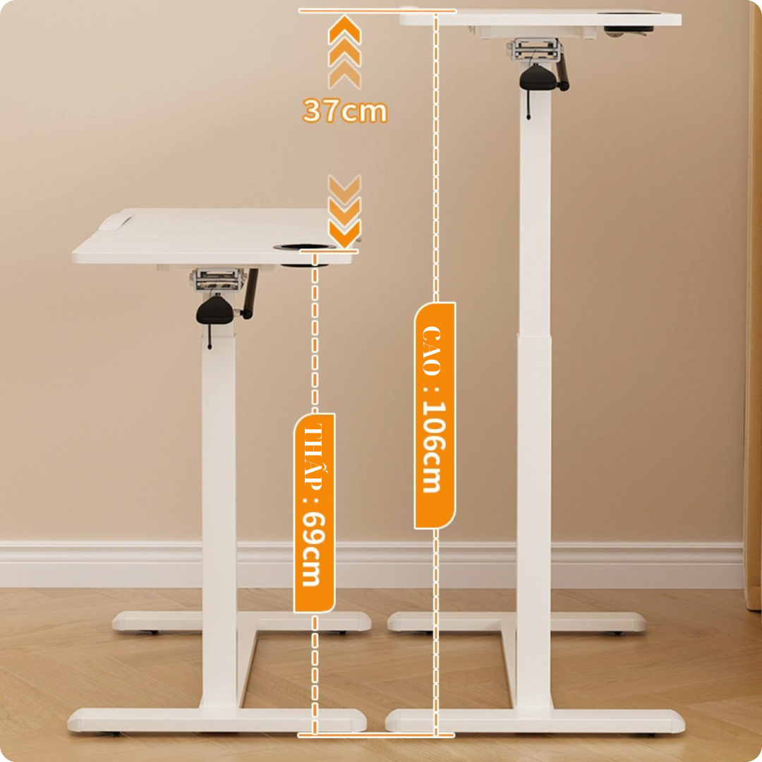 Bàn nâng hạ cạnh giường ngủ tại nhà, cạnh ghế sofa, mặt bàn có khả năng xếp gọn khi không dùng.