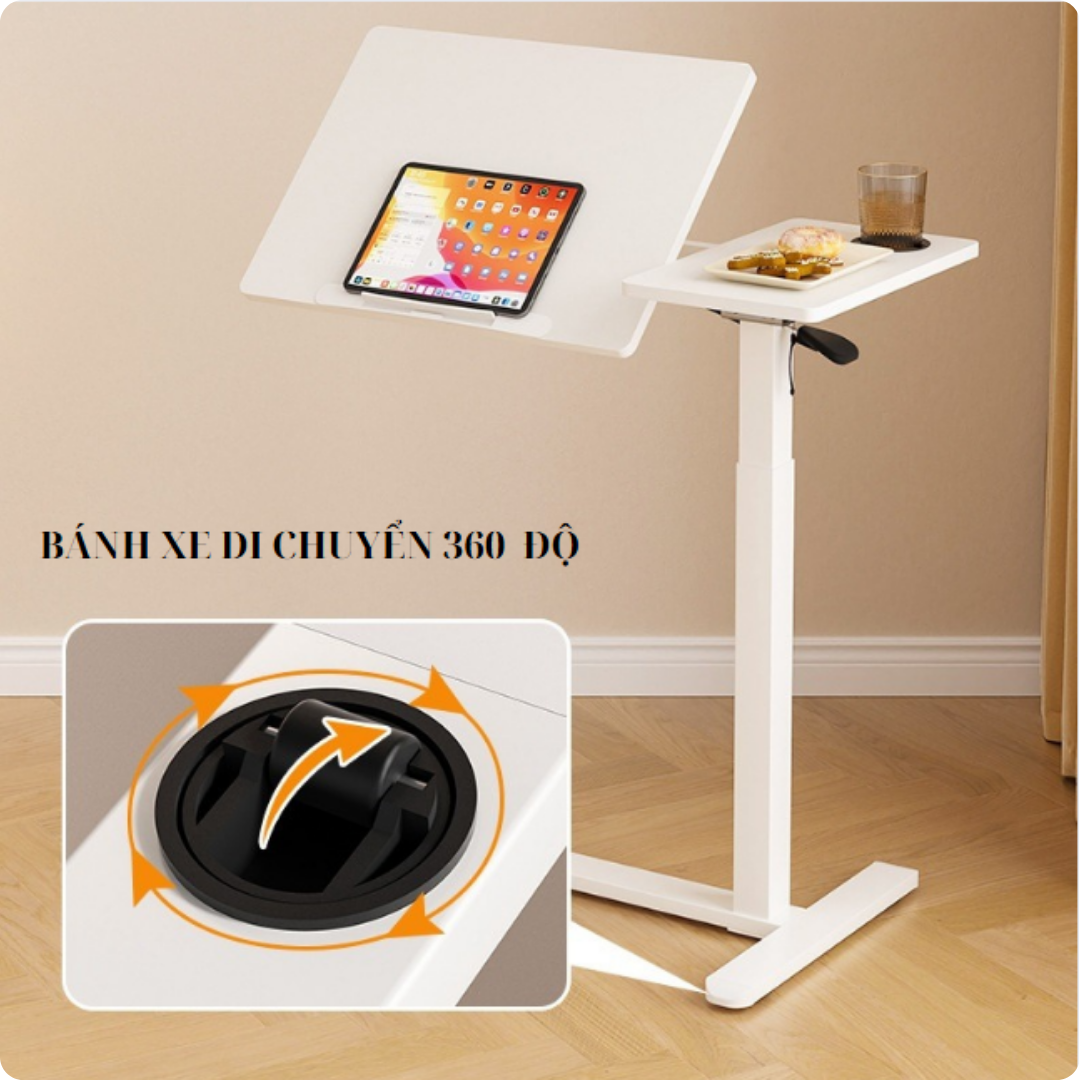 Bàn nâng hạ cạnh giường ngủ tại nhà, cạnh ghế sofa, mặt bàn có khả năng xếp gọn khi không dùng.