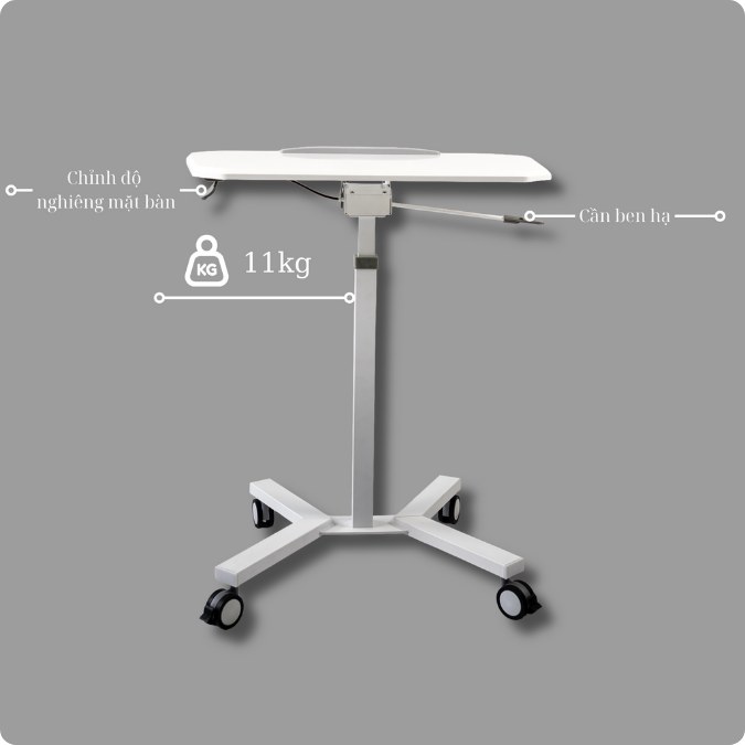 Bàn nâng hạ thông minh di động chiều cao, bánh xe xoay 360, mặt bàn có góc nghiêng