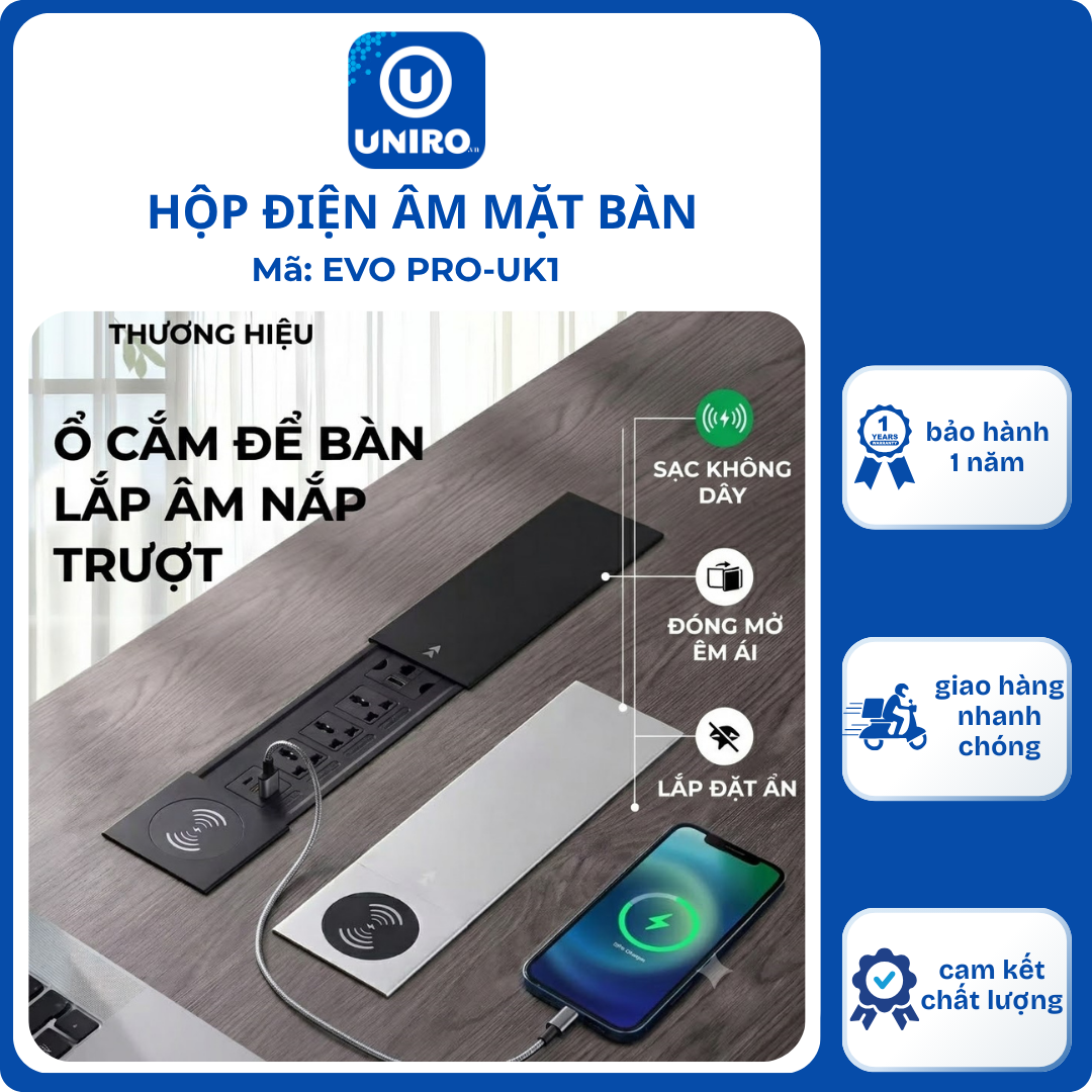Hộp Điện Âm Bàn UNIRO EVO PRO-UK1 - Ổ Cắm Điện Để Bàn Nắp Trượt Thông Minh Tích Hợp Sạc Không Dây Cao Cấp