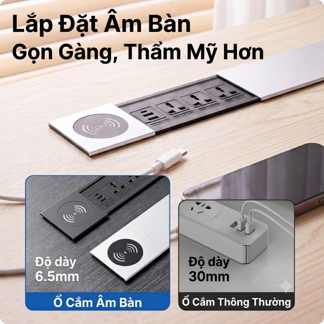 Hộp Điện Âm Bàn UNIRO EVO PRO-UK1 - Ổ Cắm Điện Để Bàn Nắp Trượt Thông Minh Tích Hợp Sạc Không Dây Cao Cấp