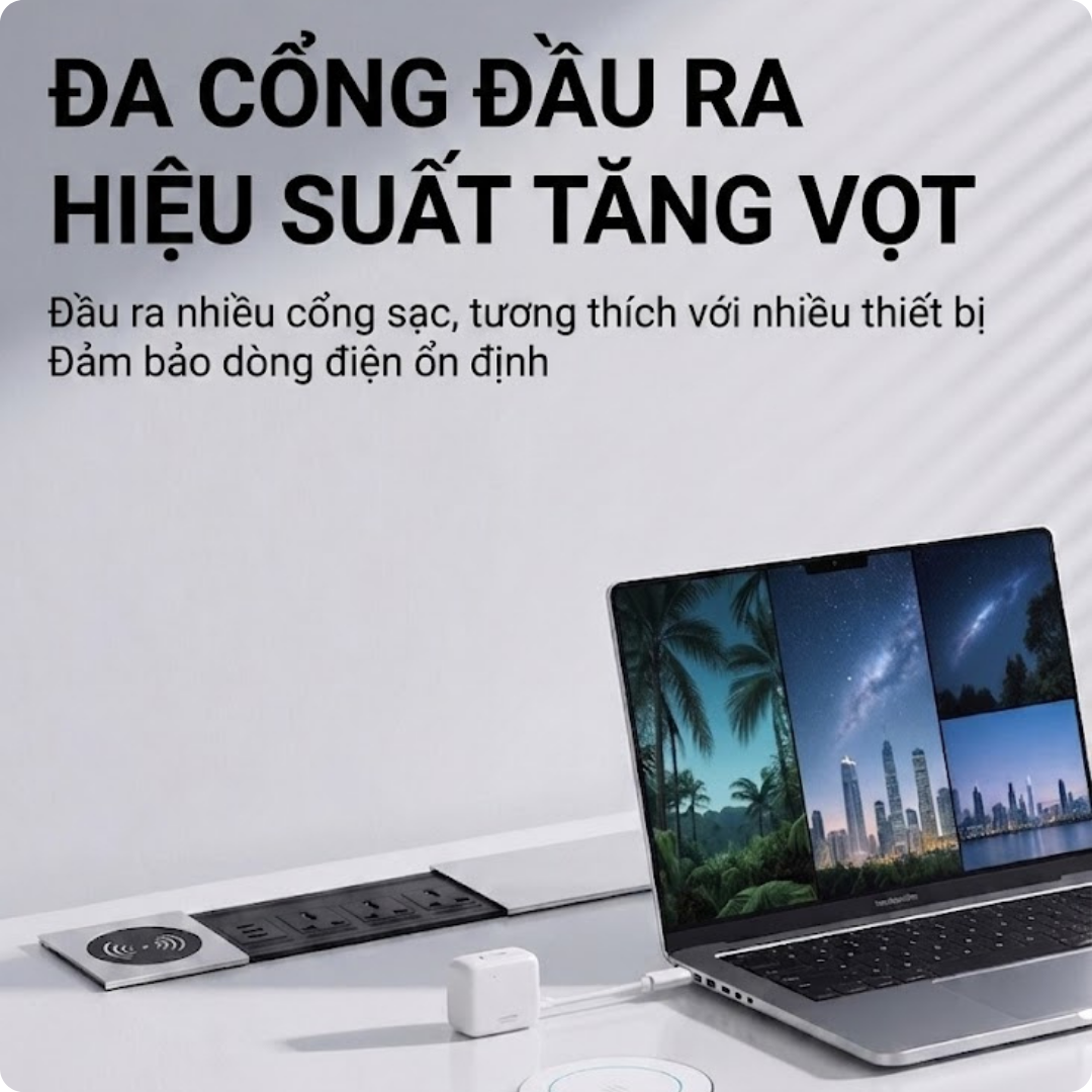 Hộp Điện Âm Bàn UNIRO EVO PRO-UK1 - Ổ Cắm Điện Để Bàn Nắp Trượt Thông Minh Tích Hợp Sạc Không Dây Cao Cấp