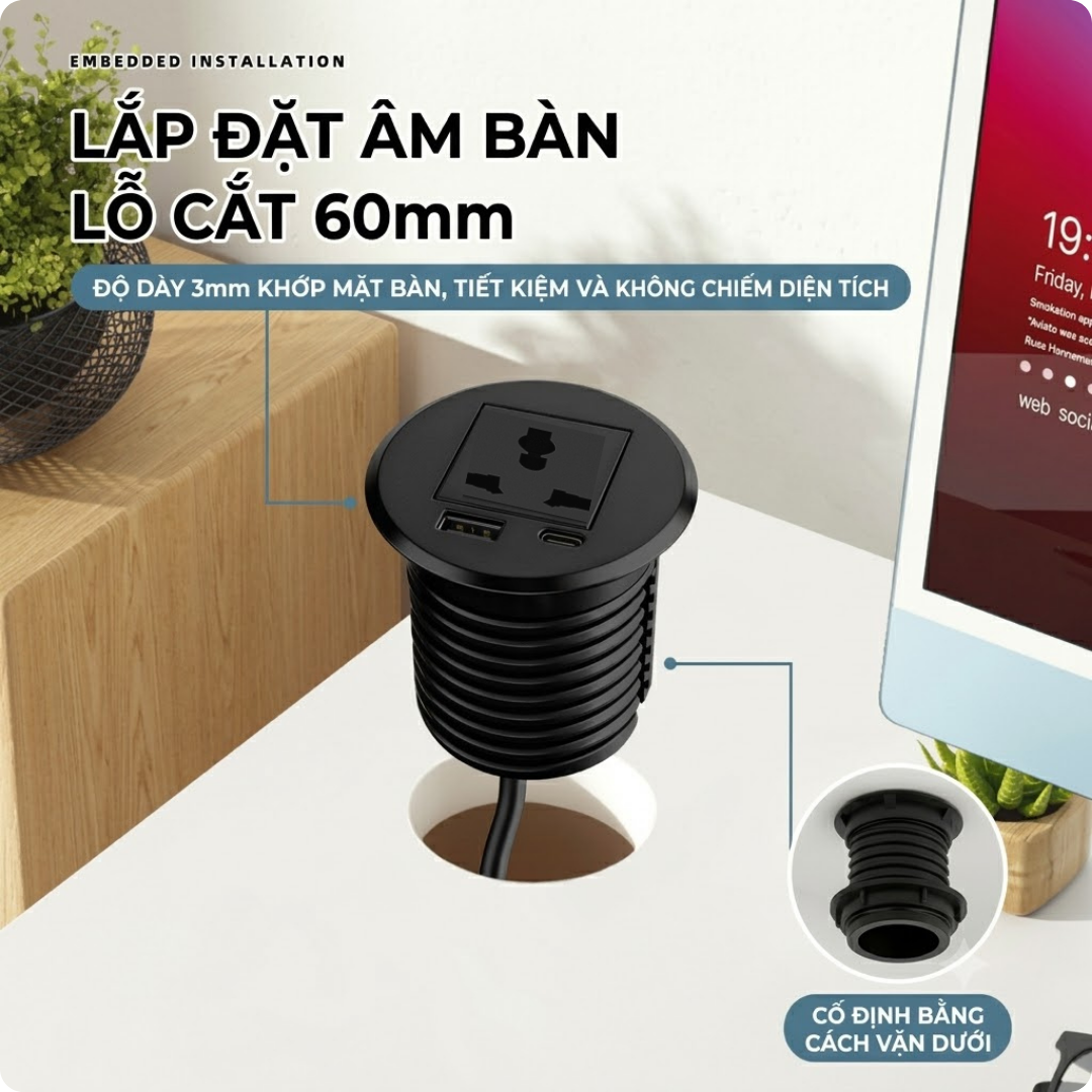 Ổ Cắm Tròn Âm Mặt Bàn UNIRO EVO-F60 - Thiết Kế Nhỏ Gọn, Khoét Lỗ 60mm Thông Minh