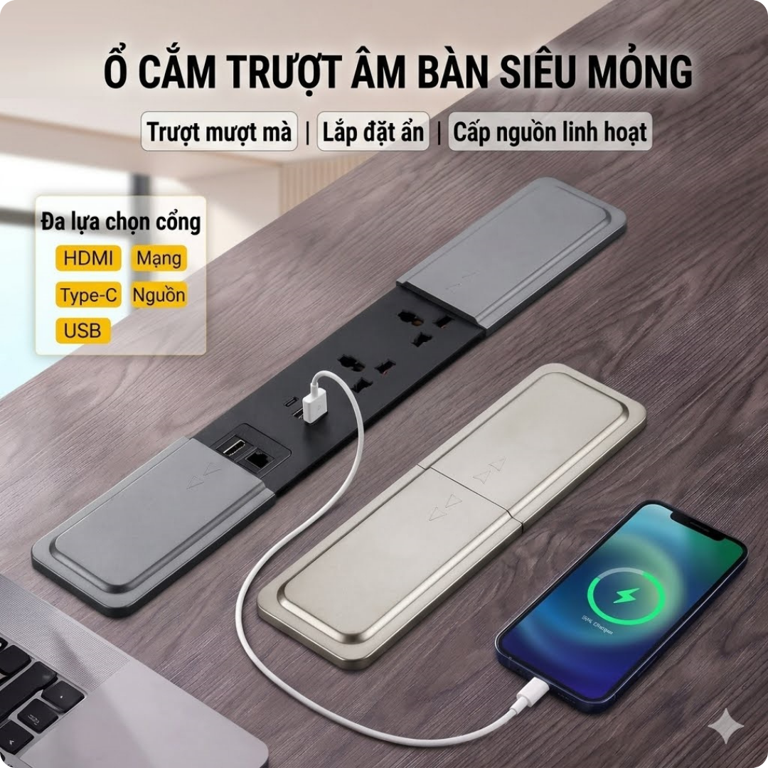 Ổ Cắm Trượt Âm Bàn Siêu Mỏng Đa Năng Tích Hợp Cổng Type-C USB - Decor Bàn Làm Việc Gọn Gàng