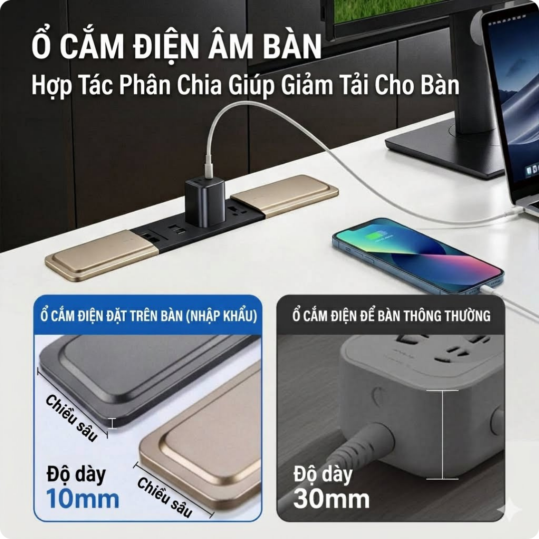 Ổ Cắm Trượt Âm Bàn Siêu Mỏng Đa Năng Tích Hợp Cổng Type-C USB - Decor Bàn Làm Việc Gọn Gàng