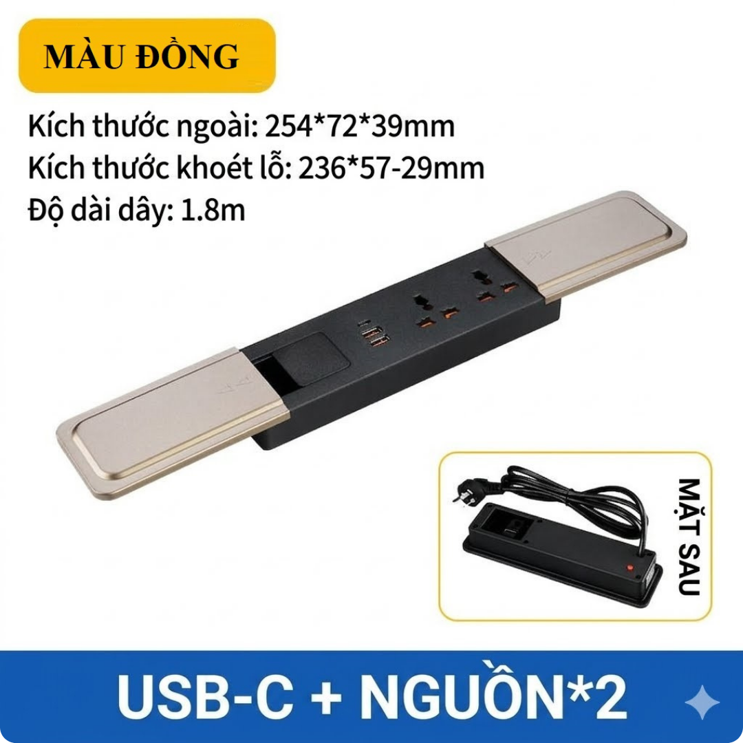 Ổ Cắm Trượt Âm Bàn Siêu Mỏng Đa Năng Tích Hợp Cổng Type-C USB - Decor Bàn Làm Việc Gọn Gàng