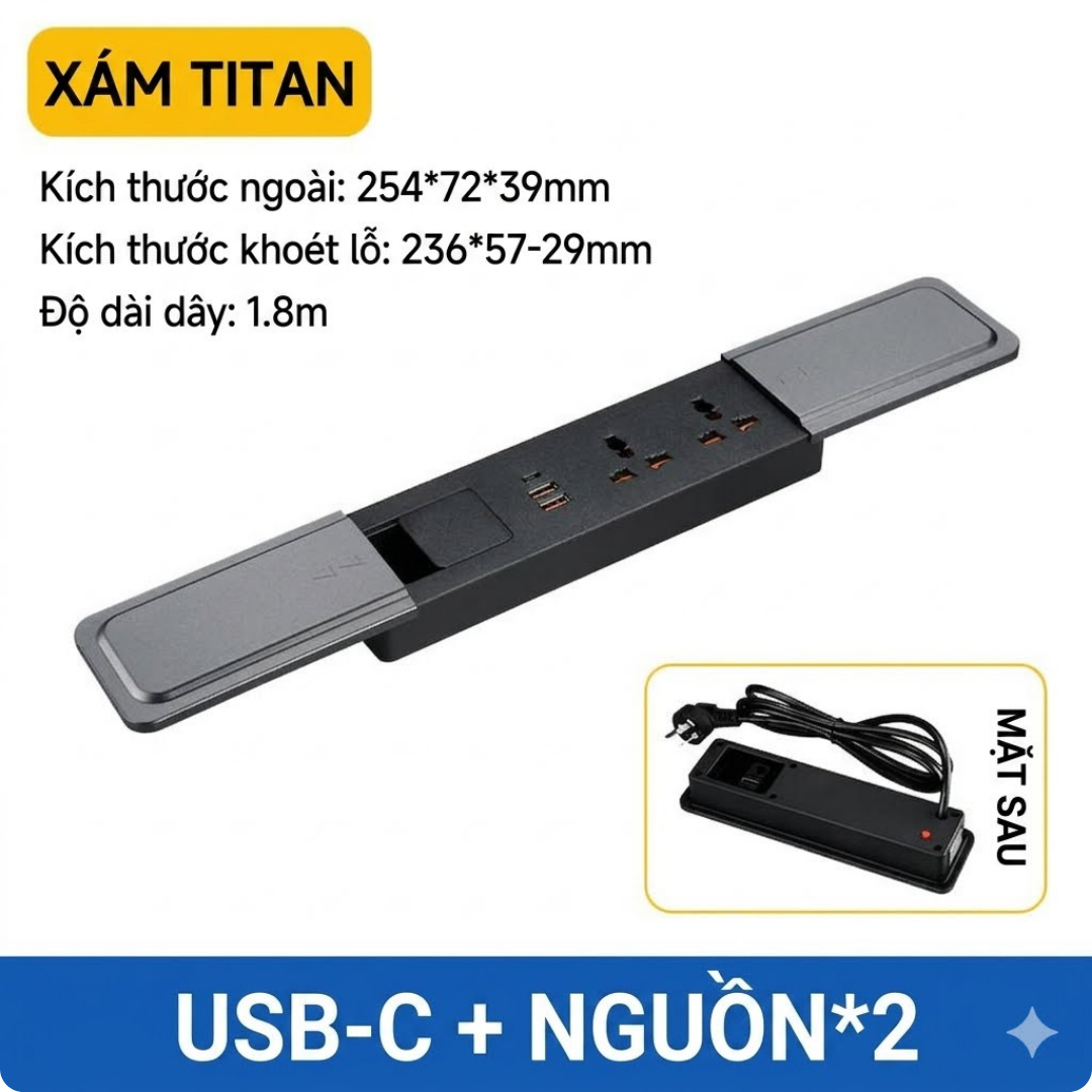 Ổ Cắm Trượt Âm Bàn Siêu Mỏng Đa Năng Tích Hợp Cổng Type-C USB - Decor Bàn Làm Việc Gọn Gàng