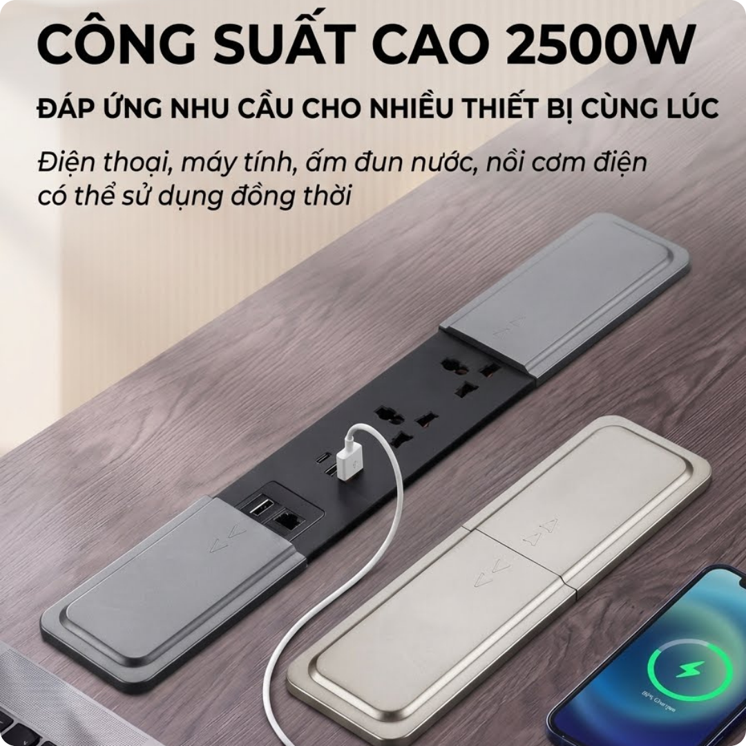 Ổ Cắm Trượt Âm Bàn Siêu Mỏng Đa Năng Tích Hợp Cổng Type-C USB - Decor Bàn Làm Việc Gọn Gàng