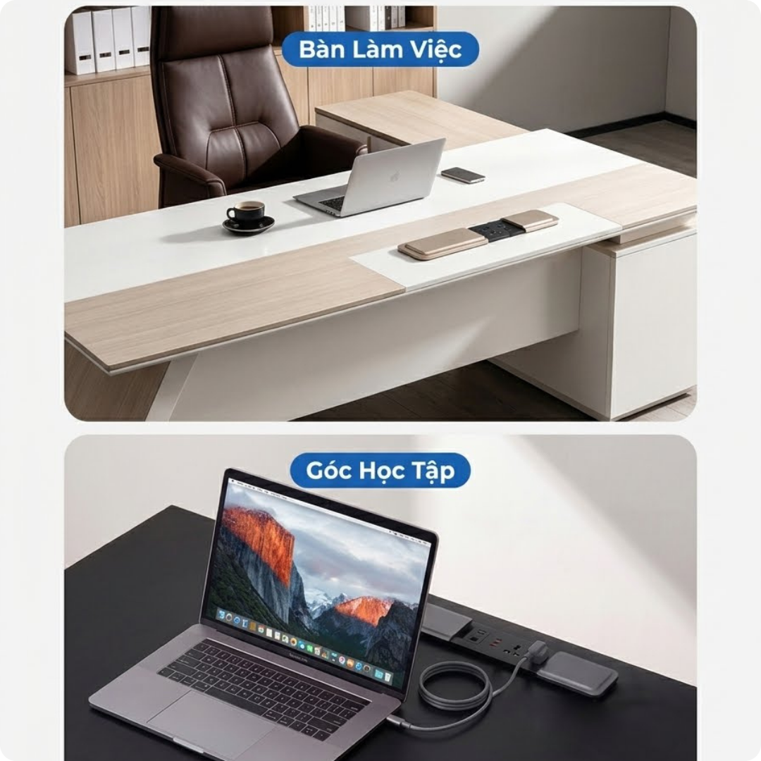 Ổ Cắm Trượt Âm Bàn Siêu Mỏng Đa Năng Tích Hợp Cổng Type-C USB - Decor Bàn Làm Việc Gọn Gàng