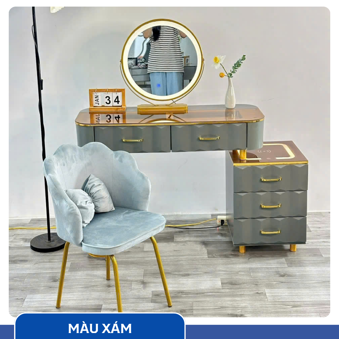 Bàn Trang Điểm Thông Minh Sạc Không Dây - Loa Bluetooth - Gương Đèn Led - Tặng kèm Ghế - UNICORN-07