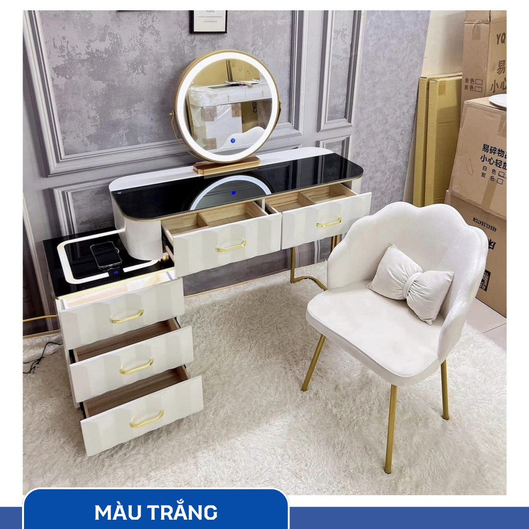 Bàn Trang Điểm Thông Minh Sạc Không Dây - Loa Bluetooth - Gương Đèn Led - Tặng kèm Ghế - UNICORN-07