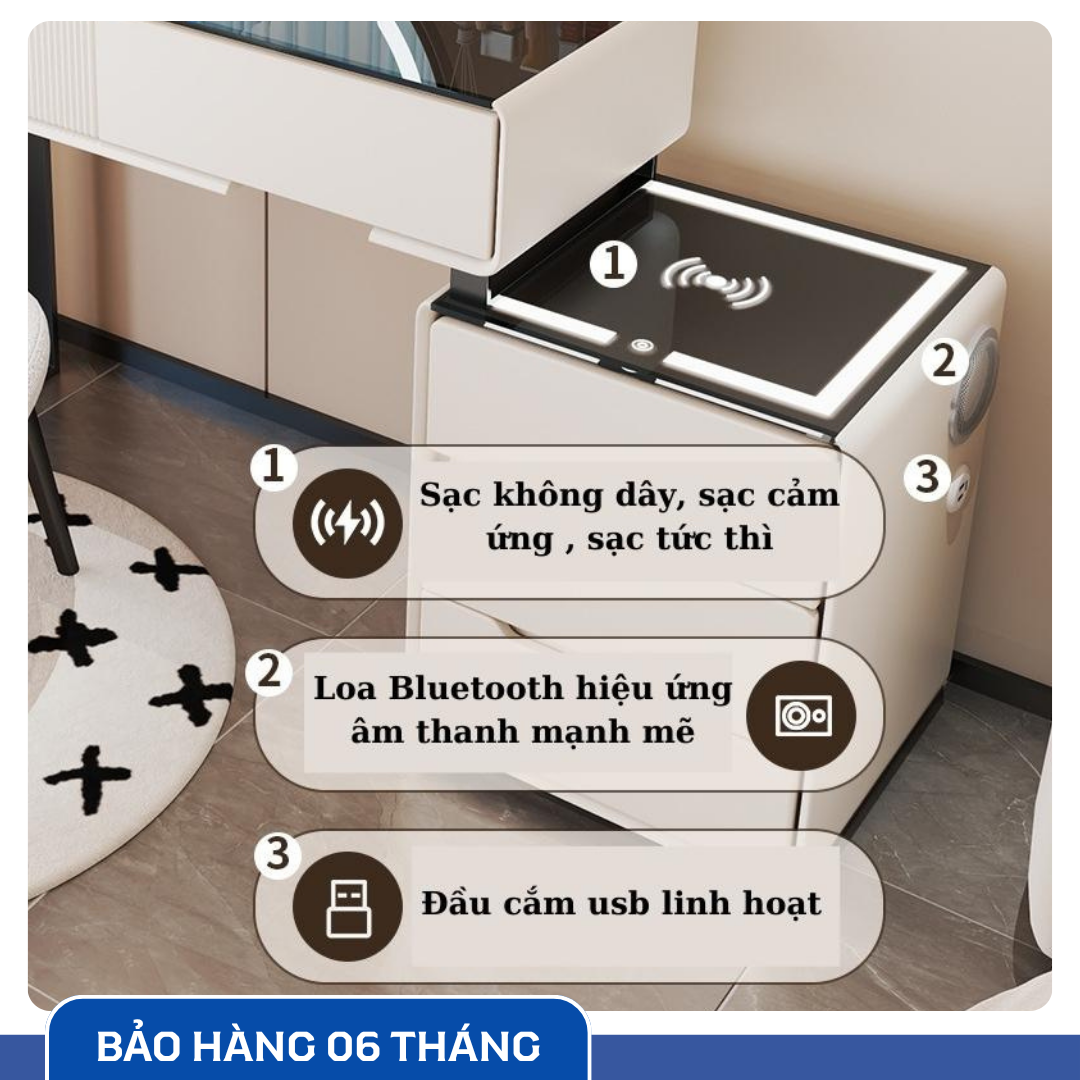 Bàn Trang Điểm Thông Minh Sạc Không Dây - Loa Bluetooth - Gương Đèn Led - Tặng kèm Ghế - UNICORN-04