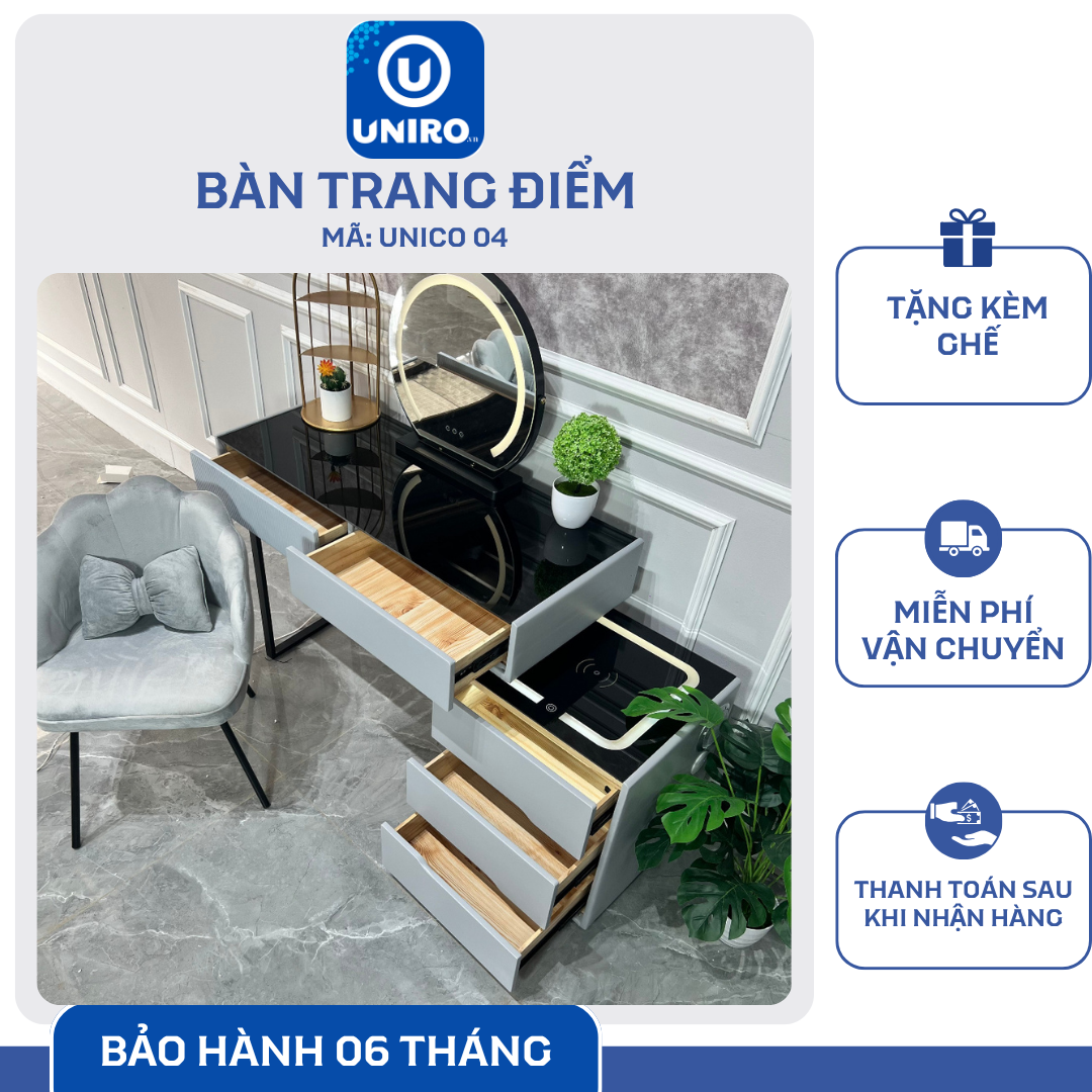 Bàn Trang Điểm Thông Minh Sạc Không Dây - Loa Bluetooth - Gương Đèn Led - Tặng kèm Ghế - UNICORN-04