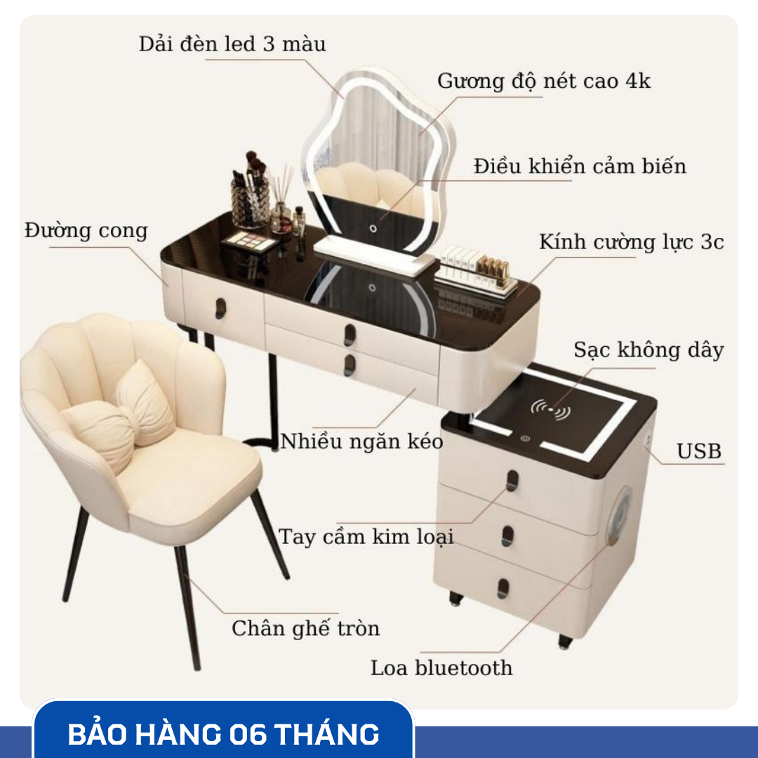 Bàn Trang Điểm Thông Minh Sạc Không Dây - Loa Bluetooth - Gương Đèn Led - Tặng kèm Ghế - UNICORN-06