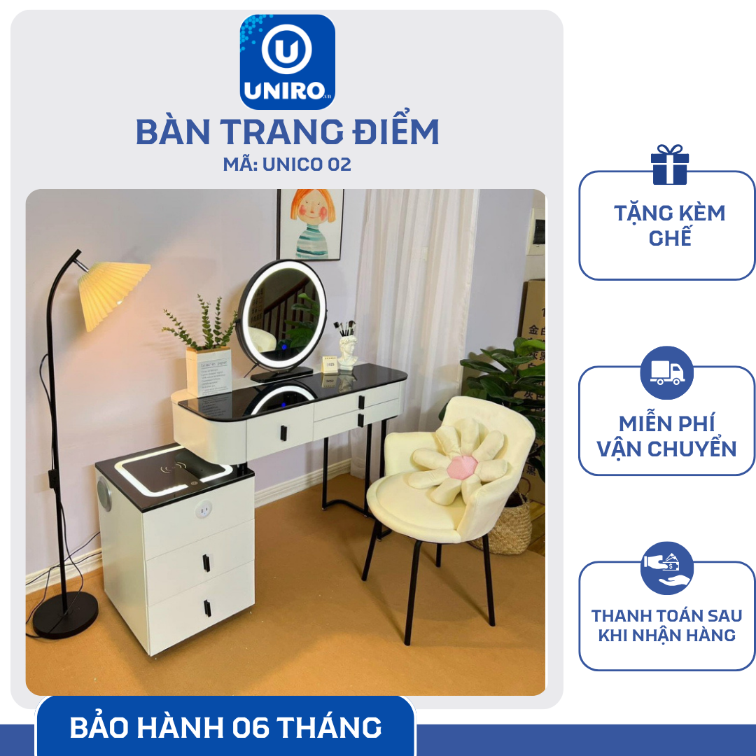 Bàn Trang Điểm Thông Minh Sạc Không Dây - Loa Bluetooth - Gương Đèn Led - Tặng kèm Ghế - UNICORN-02