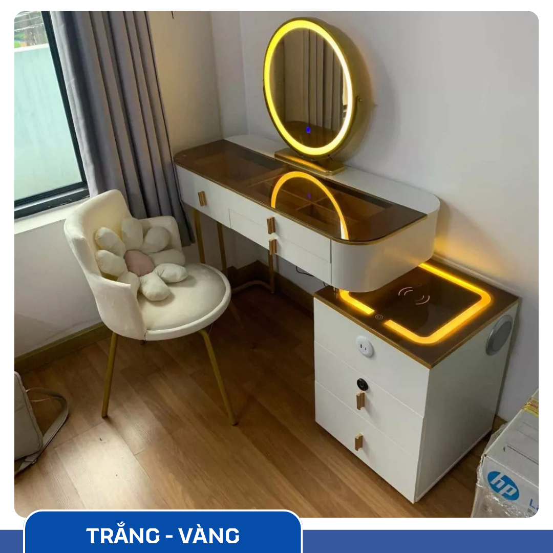 Bàn Trang Điểm Thông Minh Sạc Không Dây - Loa Bluetooth - Gương Đèn Led - Tặng kèm Ghế - UNICORN-02
