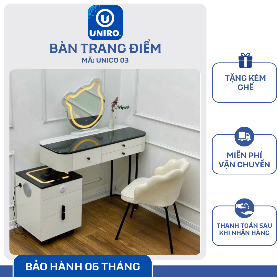 Bàn Trang Điểm Thông Minh Sạc Không Dây - Loa Bluetooth - Gương Đèn Led - Tặng kèm Ghế - UNICORN-03